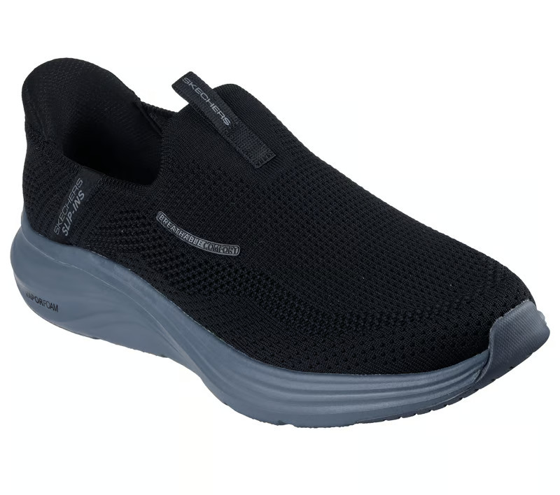 Skechers Mens Shoe Slip ins Black Gray Knit Cushioned Comfort Heel Pillow 233059
