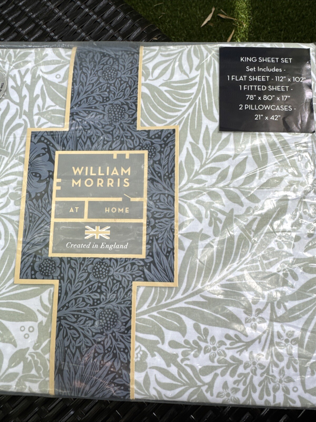 WILLIAM MORRIS England KING Cotton Percale Sage Green Willow Bough Sheet Set NEW