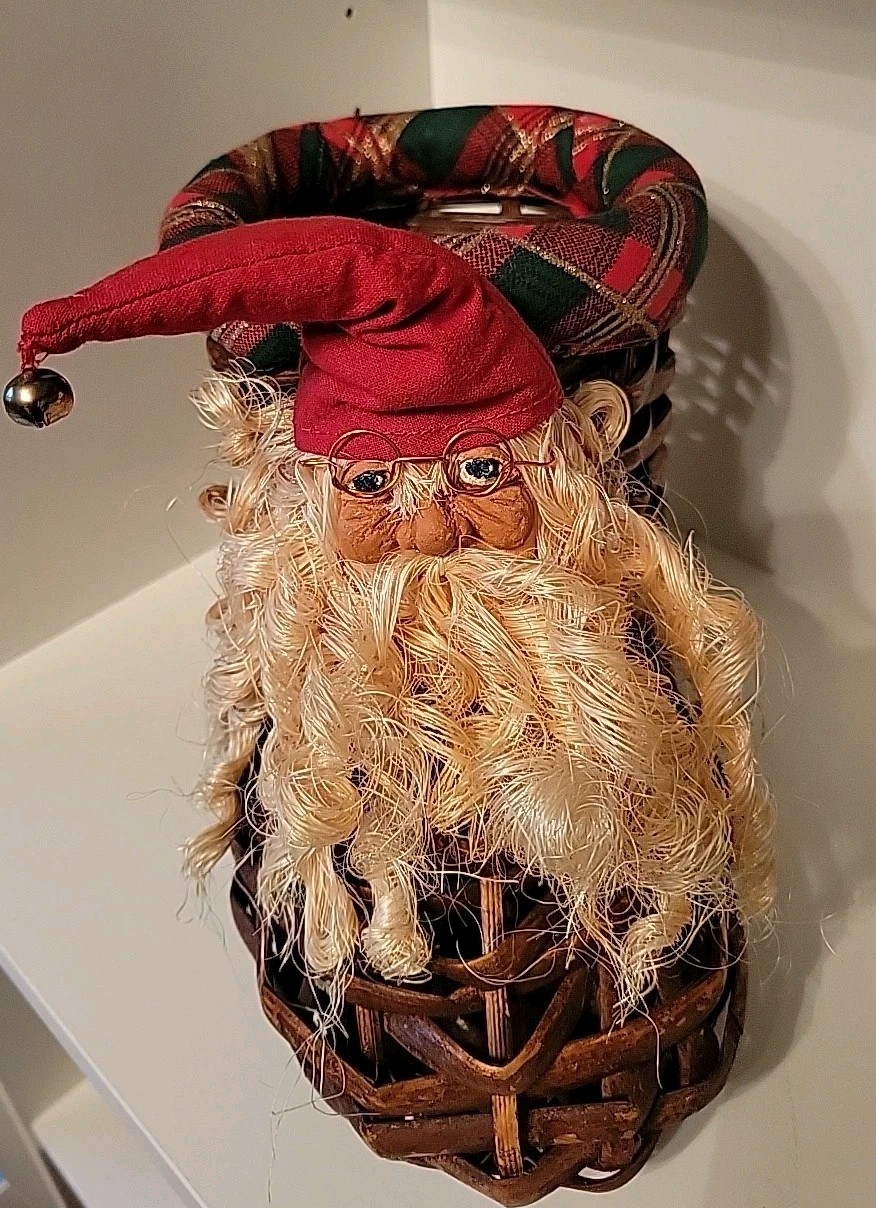 Vintage Woven Christmas Boot Basket Decor Planter Bearded Santa Head READ