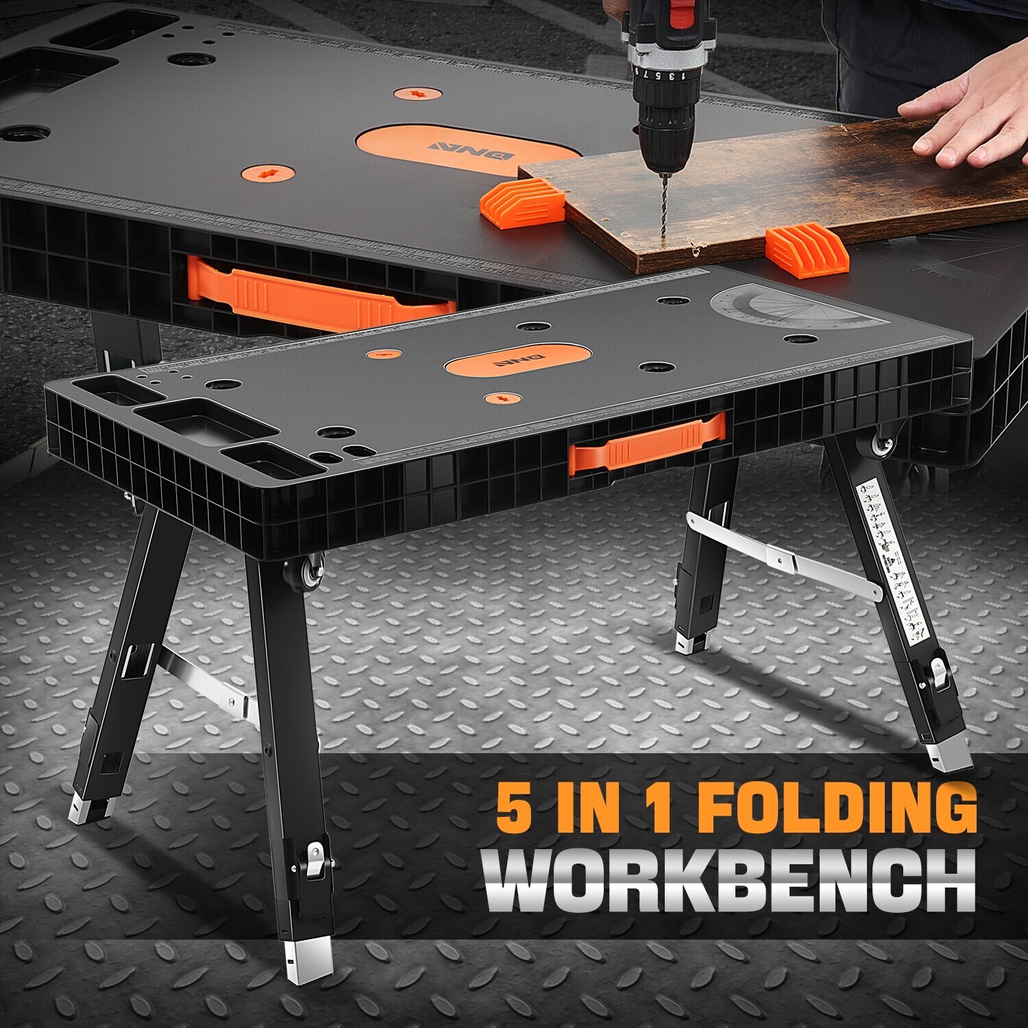 [5-In-1] Heavy Duty Adjustable Height Folding Workbench Work Table w/ 4 Wheels