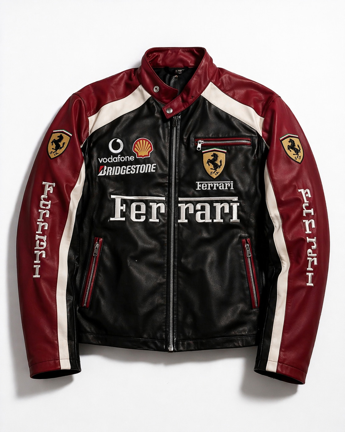 Men’s Ferrari Style Racing Leather Jacket Red Black Biker Moto Custom Streetwear