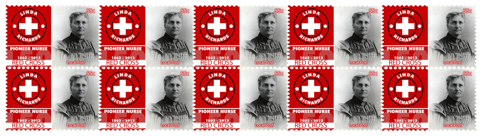 LINDA RICHARDS 150yrs OF RED CROSS NURSING STRIP OF 10 MINT VIGNETTE STAMPS