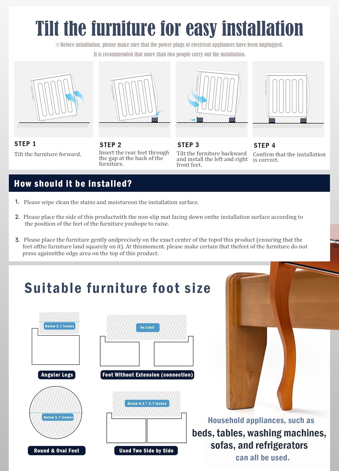 Bed Risers Furniture Risers Heavy-Duty Rectangular Adjustable Block Lift