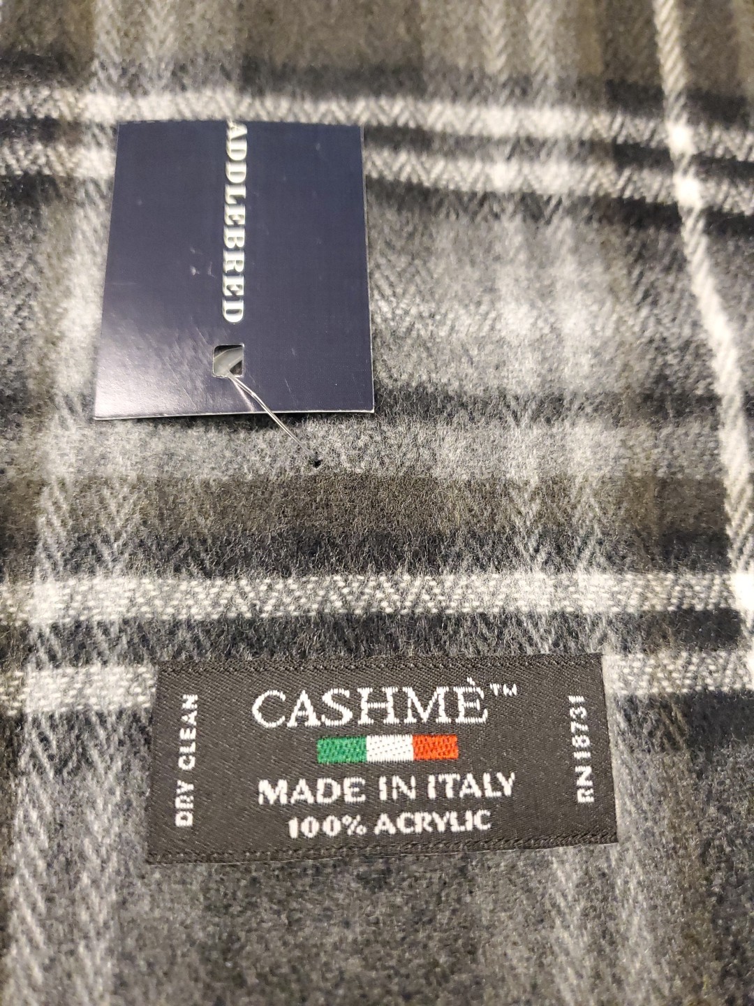 CASHME Mens Scarf Gray white Plaid Made in Italy Acrylic 65” Long 11” Wide EUC