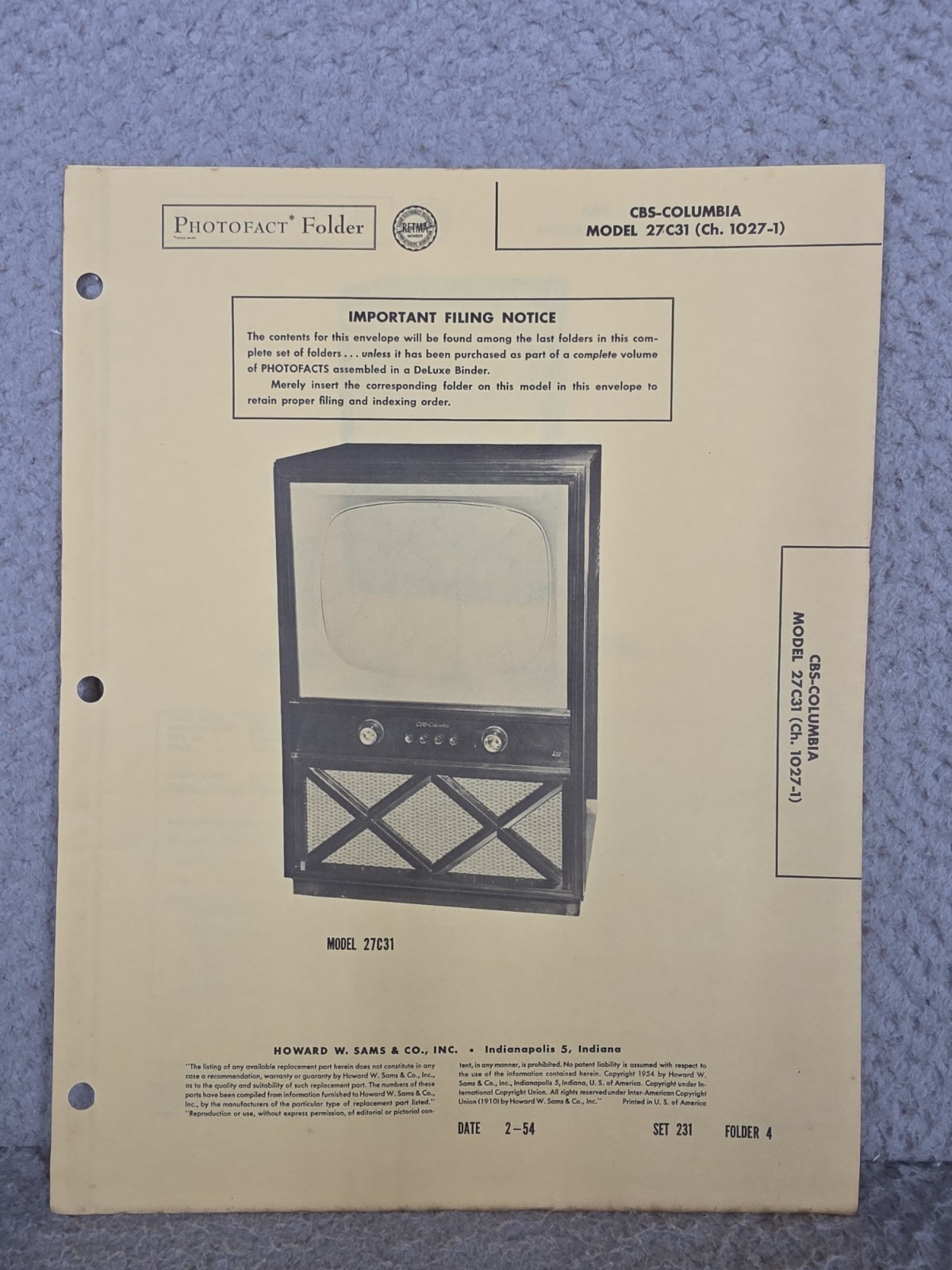 CBS Columbia Model 27C31 Sams Photofact 1954 Television Repair User Manual