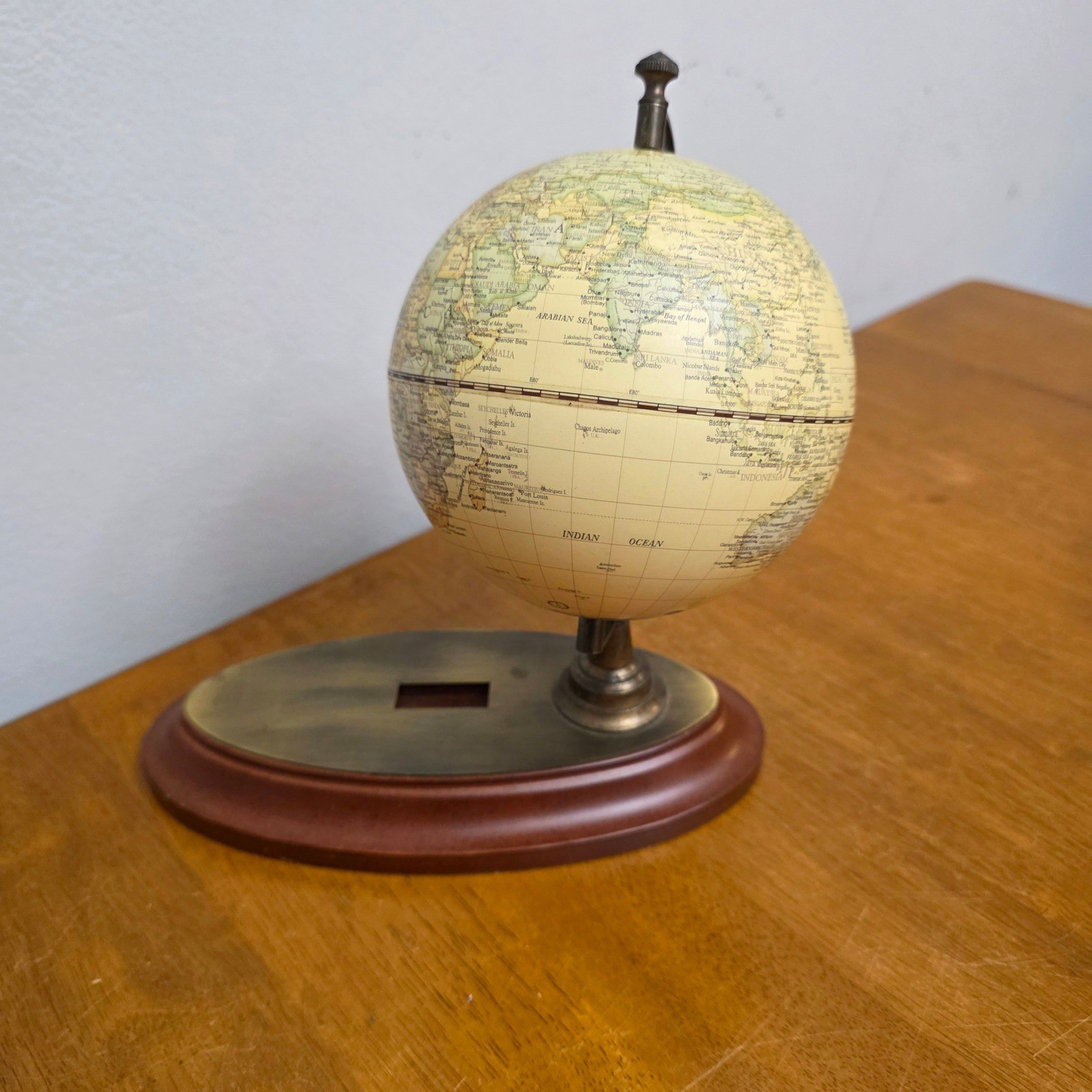 Vintage Fucashan Desktop World Globe Nautical Map Stand Wood Base Brass Tone