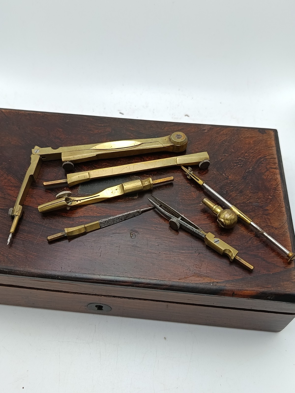 Victorian Rosewood Case Brass Engineering Drawing Tools Compasses Protractor etc