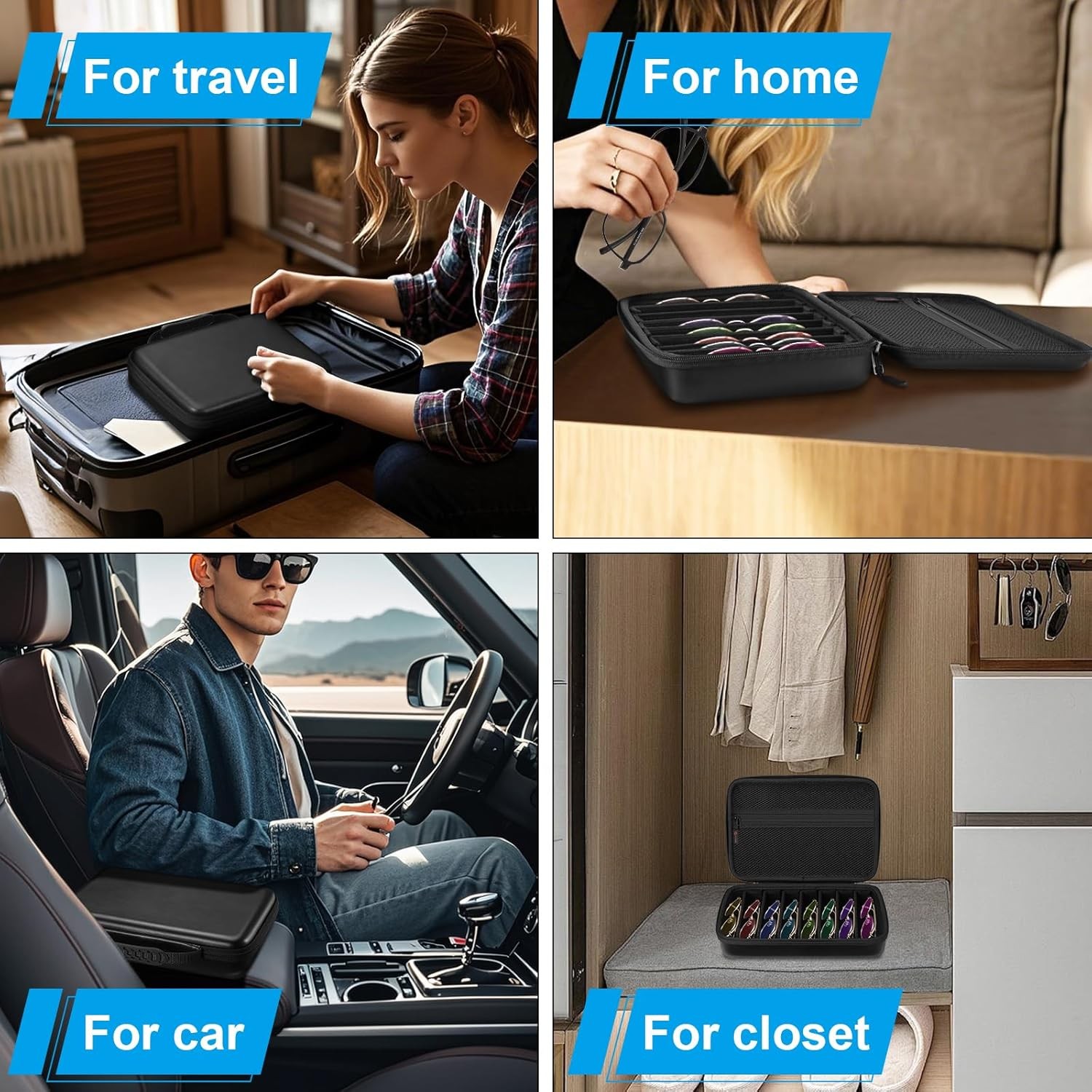 Travel Sunglasses Organizer​,​ Hard Shell​ Sunglass Case Adjustable 8 Slots Case