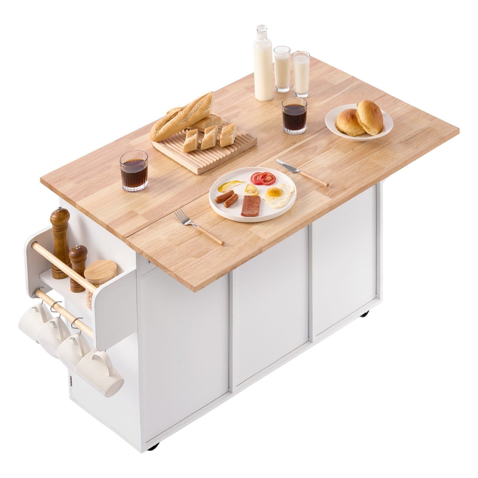 52in Rolling Kitchen Island Cart Storage Cabinet Table with Drawer & Drop Leaf