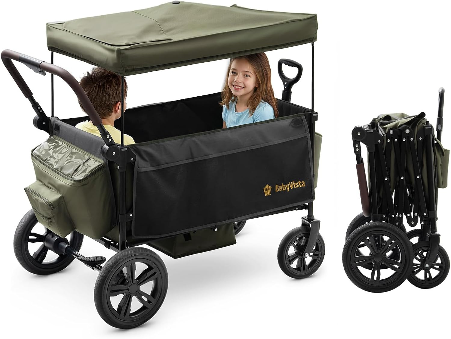 Stroller Wagon for Kids, One-Hand Adjustable Push/Pull Handle, Spacious Storage,