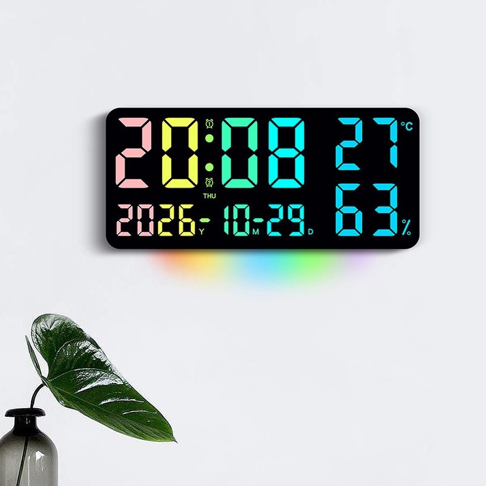 LED Wall Clock with RGB Light Effects Temperature Date Week Dual Alarm