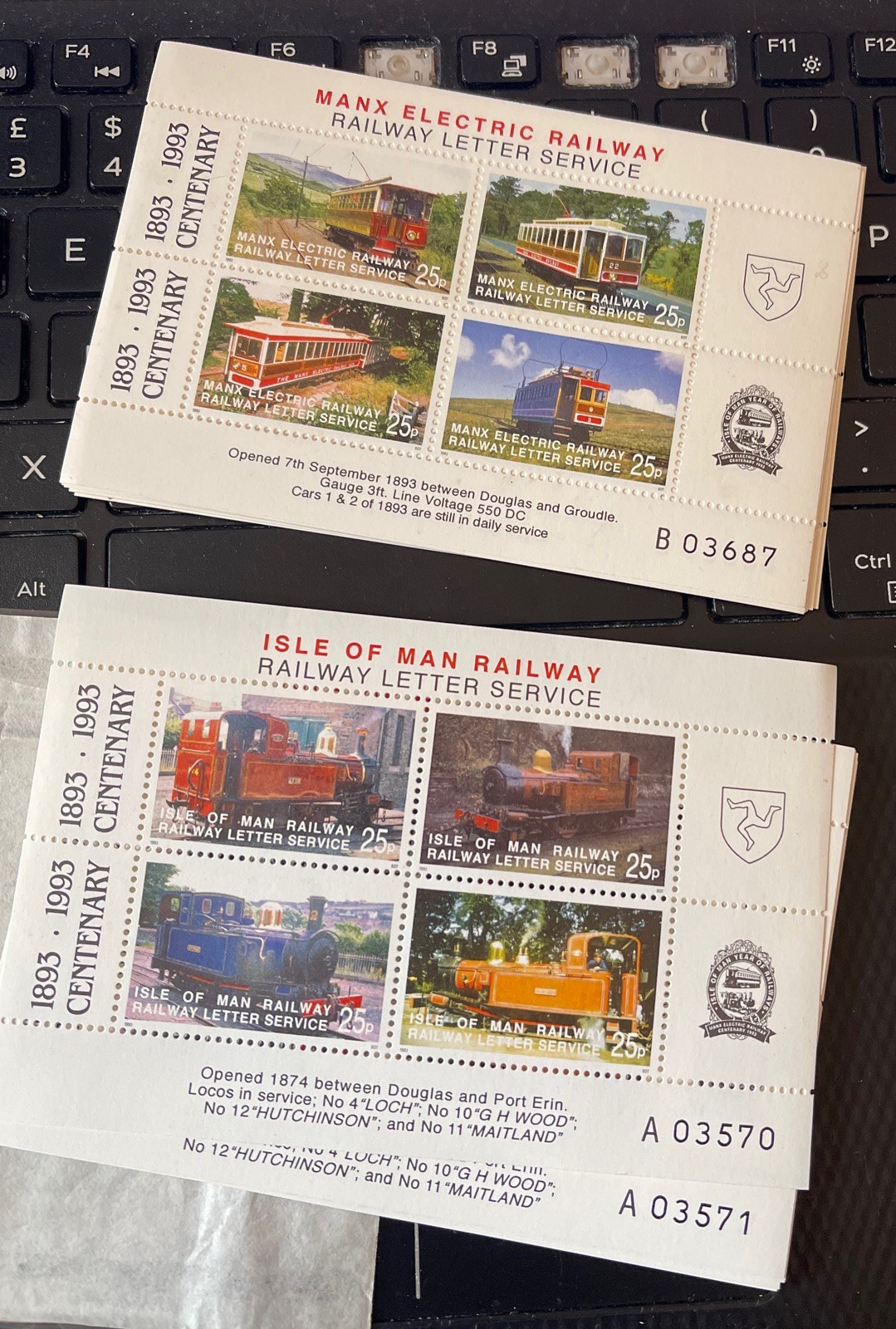 Isle of Man 1993 MINT Railway Letter Service 2 x £1 M/S ELECTRIC & STEAM TRAINS