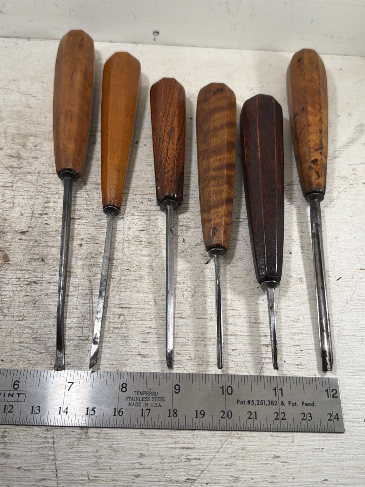 Lot Of 6 Vintage Antique H Taylor Gouge Wood Carving Chisels Tools  Acorn Mark?
