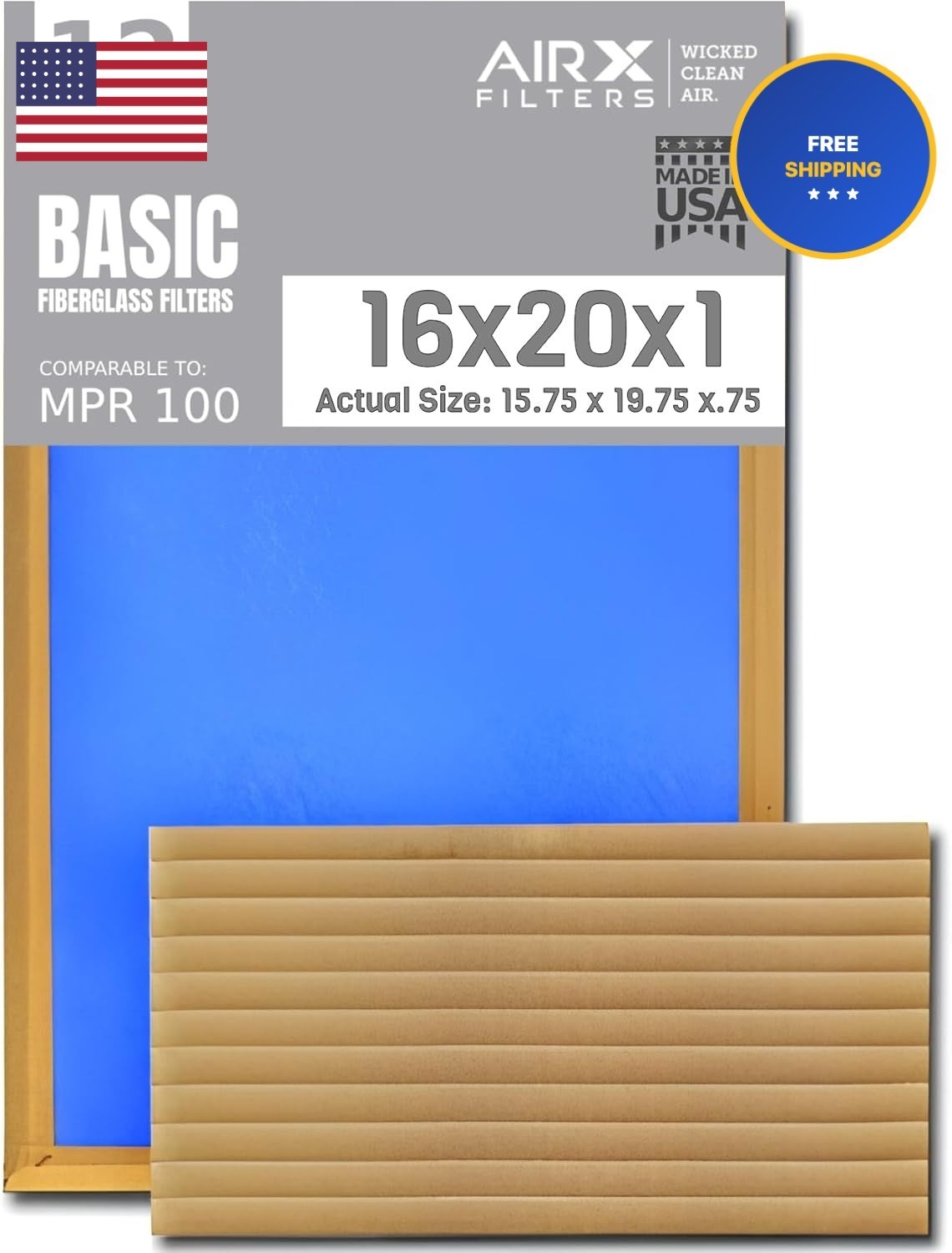 16x20x1 Air Filter Comparable to MPR 100 Basic Economy Furnace Filters, 12 Pack