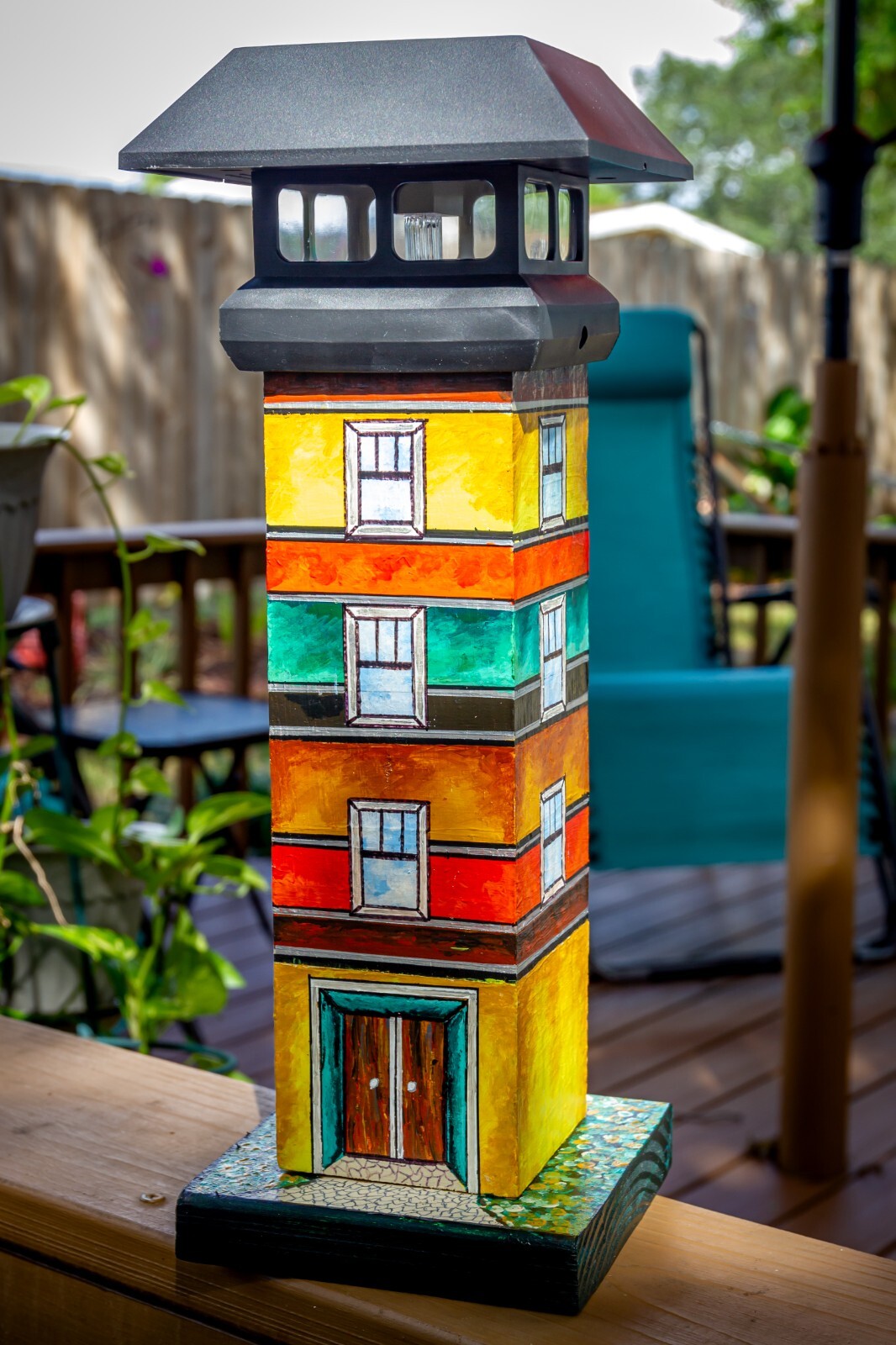 Handmade  Hand Painted Wooden  Lighthouse with Solar Powered Light