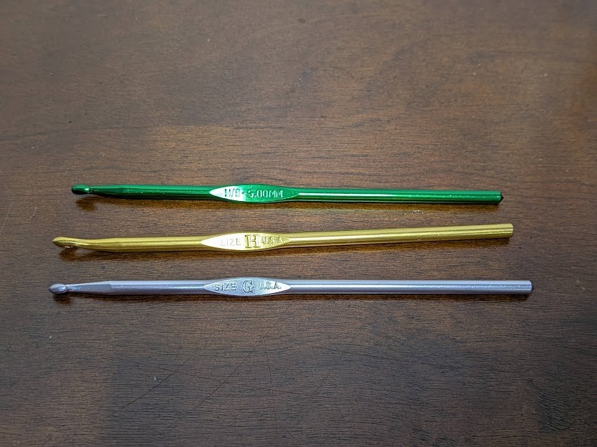 Vintage BOYE 3 Eras Crochet Hook Set G H USA Made Aluminum Green Gold Purple