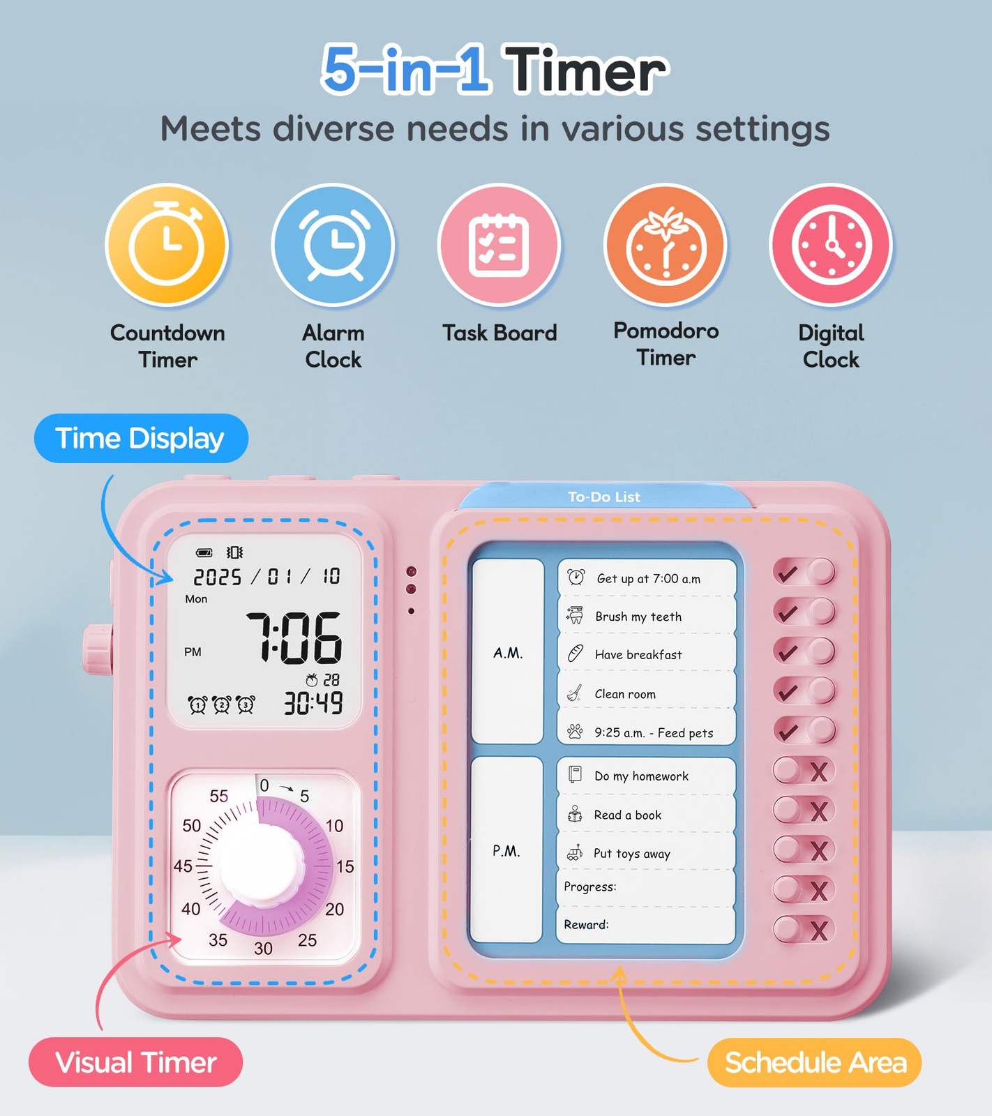 3-in-1 Visual Timer & ADHD Tool for Kids|Adults, Task Timer with Chore Chart