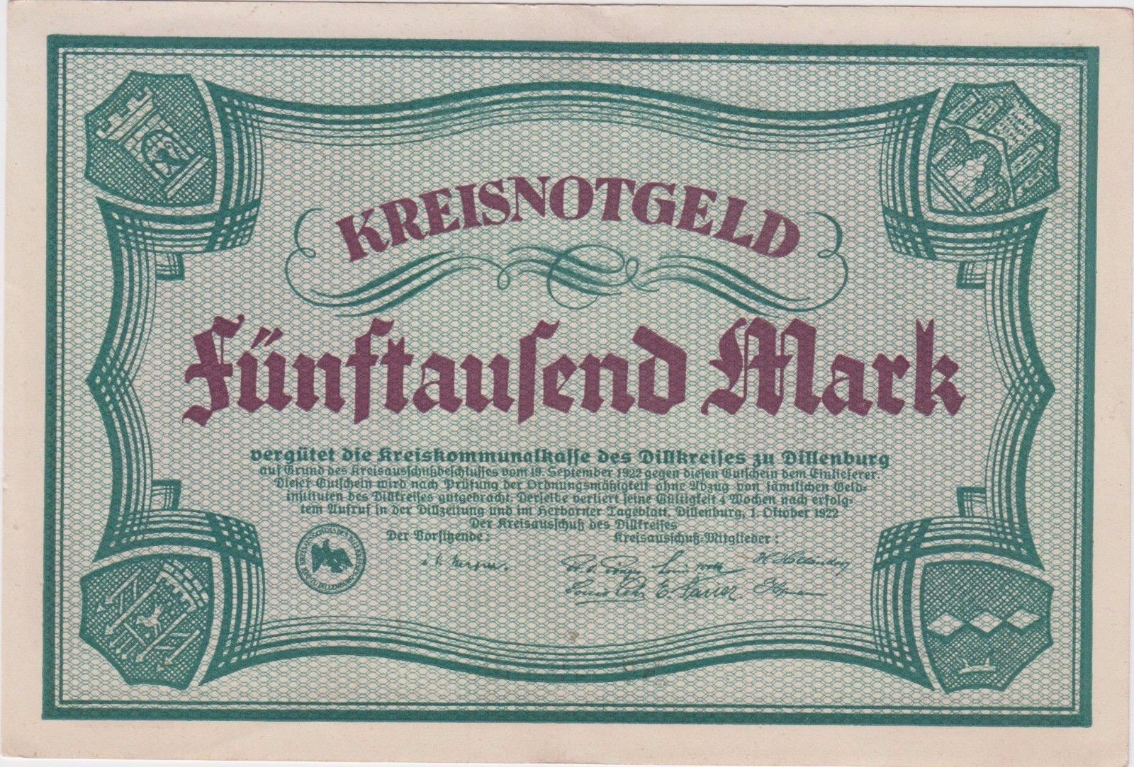 Germany / Dillenburg  5 000 Mark  1.10.1922   Uncirculated Banknote