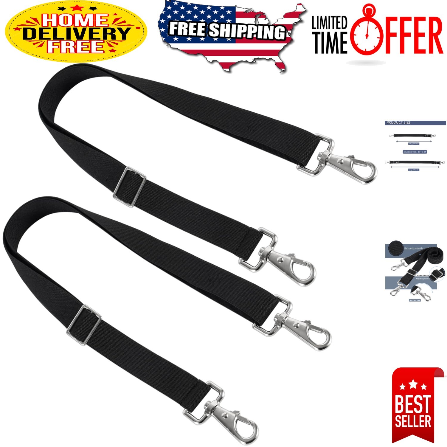 Adjustable Horse Blanket Leg Straps, 24-42 Inch with Swivel Snaps, Black