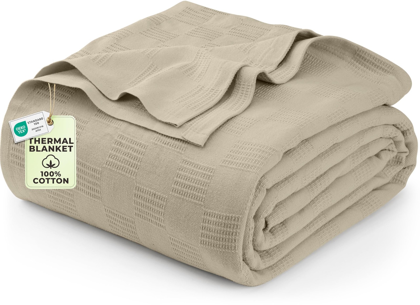 Khaki 100% Cotton Blanket [King Size - 90x108 Inch] 350GSM Lightweight, Soft ...