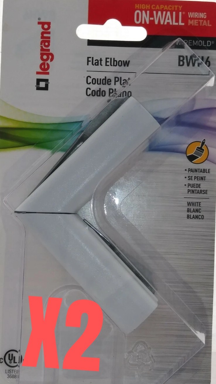 2 PACK Legrand BWH6 Wiremold  ON -WALL WIRING METAL Flat Elbow, White NEW