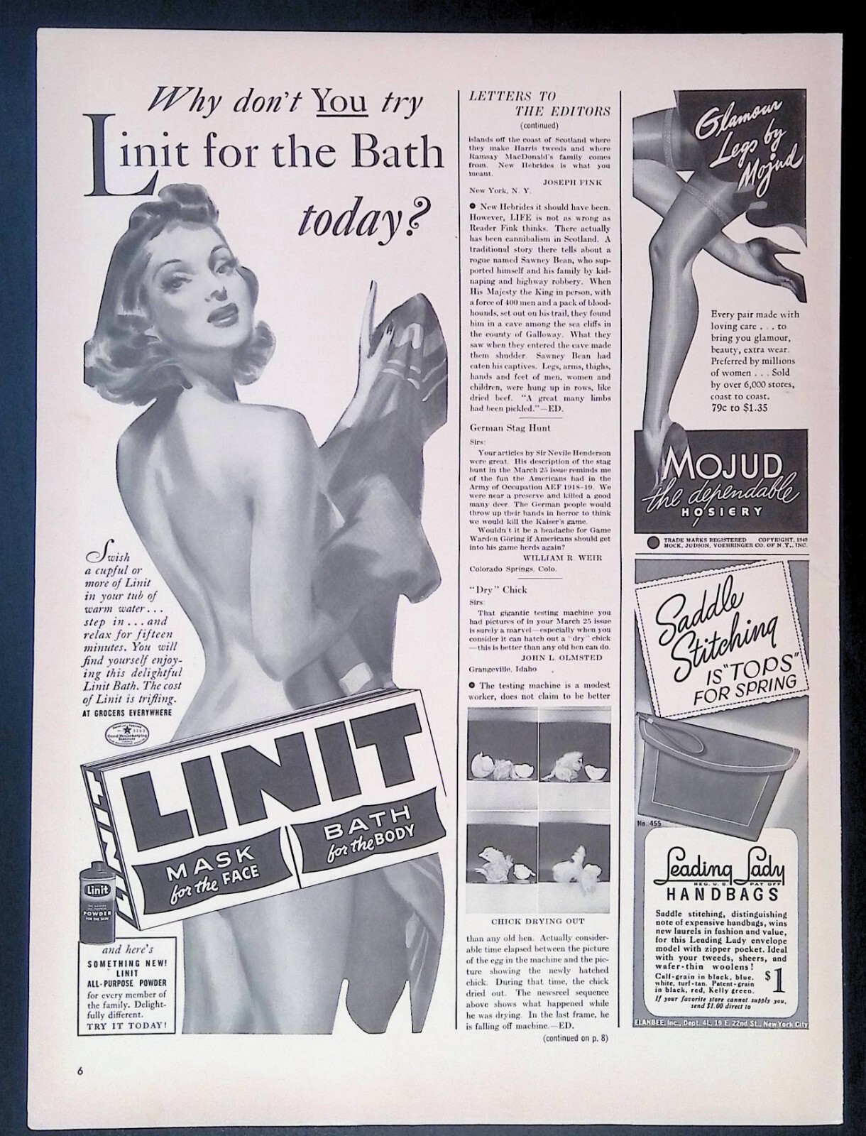 Print Ad 1940's Pretty Woman Nude Bath Towel Linit Body Bath Face Mask