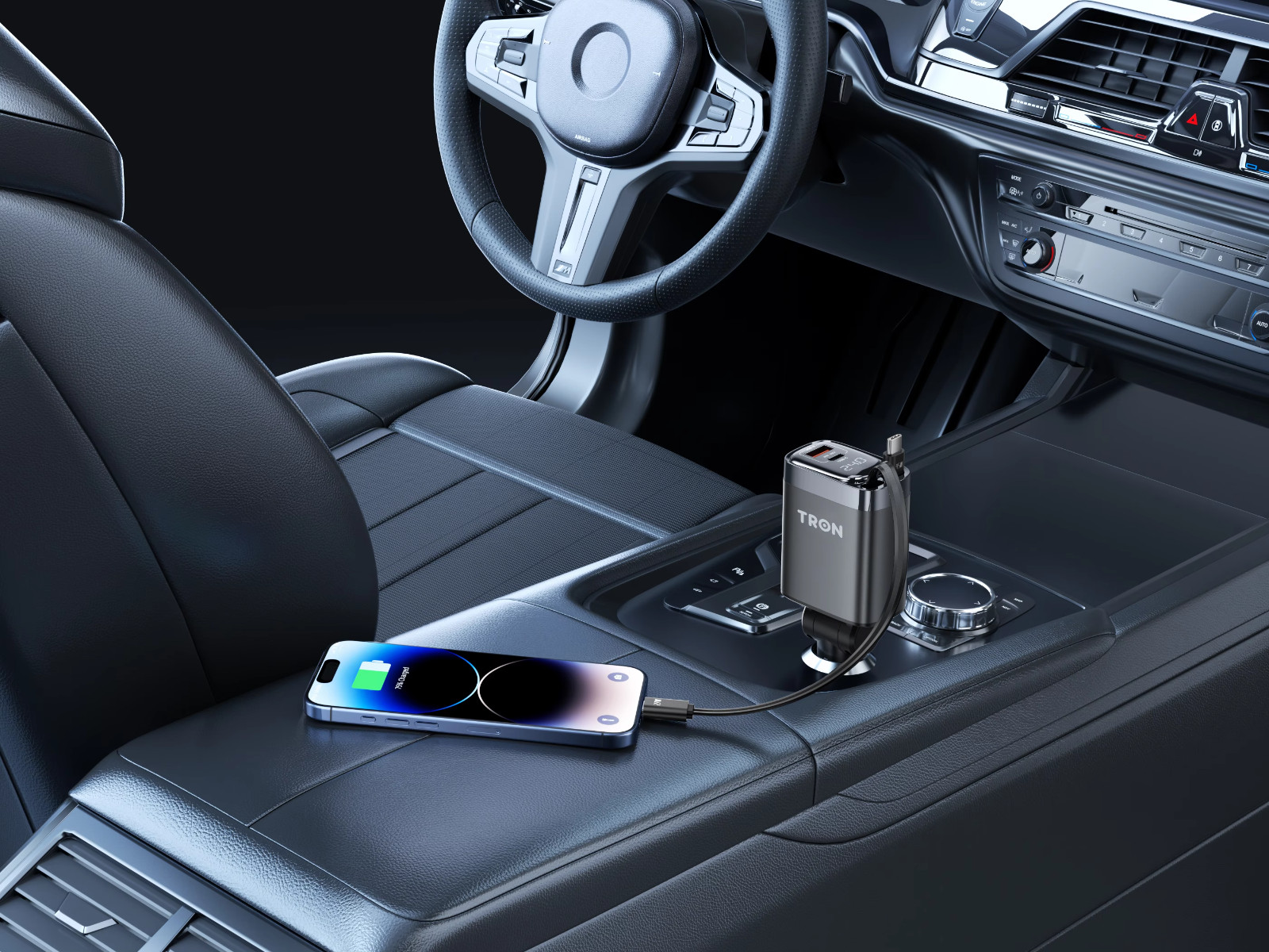TRON 105W 4-in-1 Retractable Car Charger with LCD Display for iPhone & Android