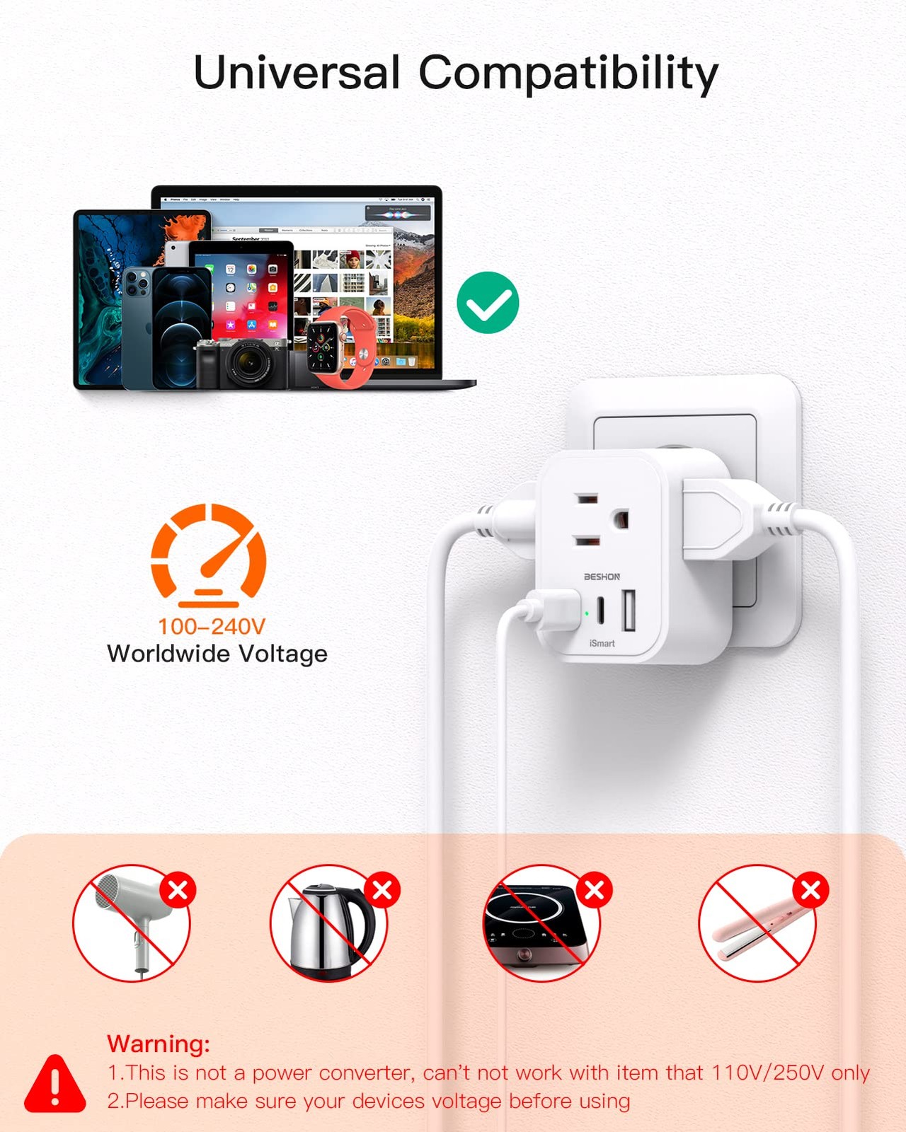 【2-Pack】 European Travel Plug Adapter, BESHON International Power Plug Adapte...