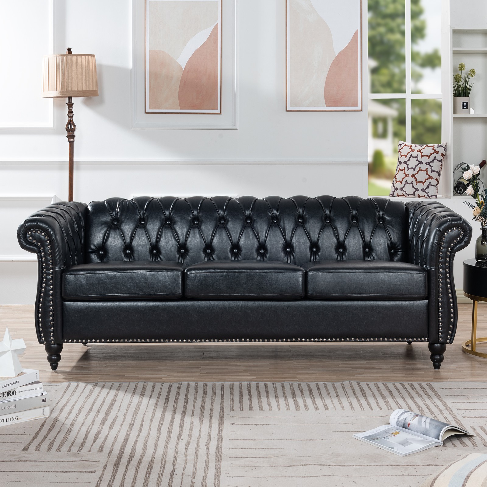 84.65" Black PU Chesterfield Rolled Arm 3-Seater Sofa
