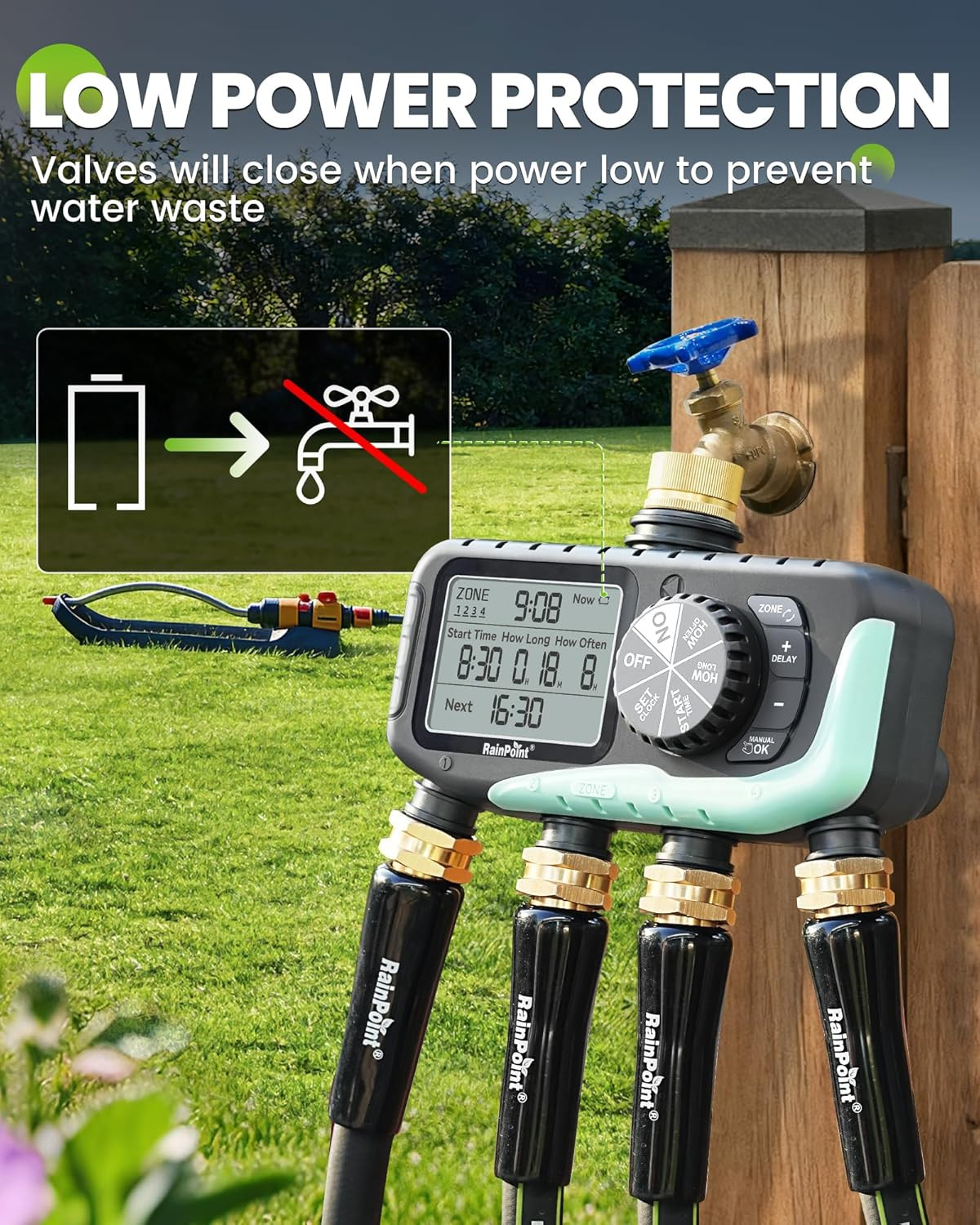 RAINPOINT Sprinkler Timer 4 Zone, Water Timer for Garden Hose, for Soaker Hose w