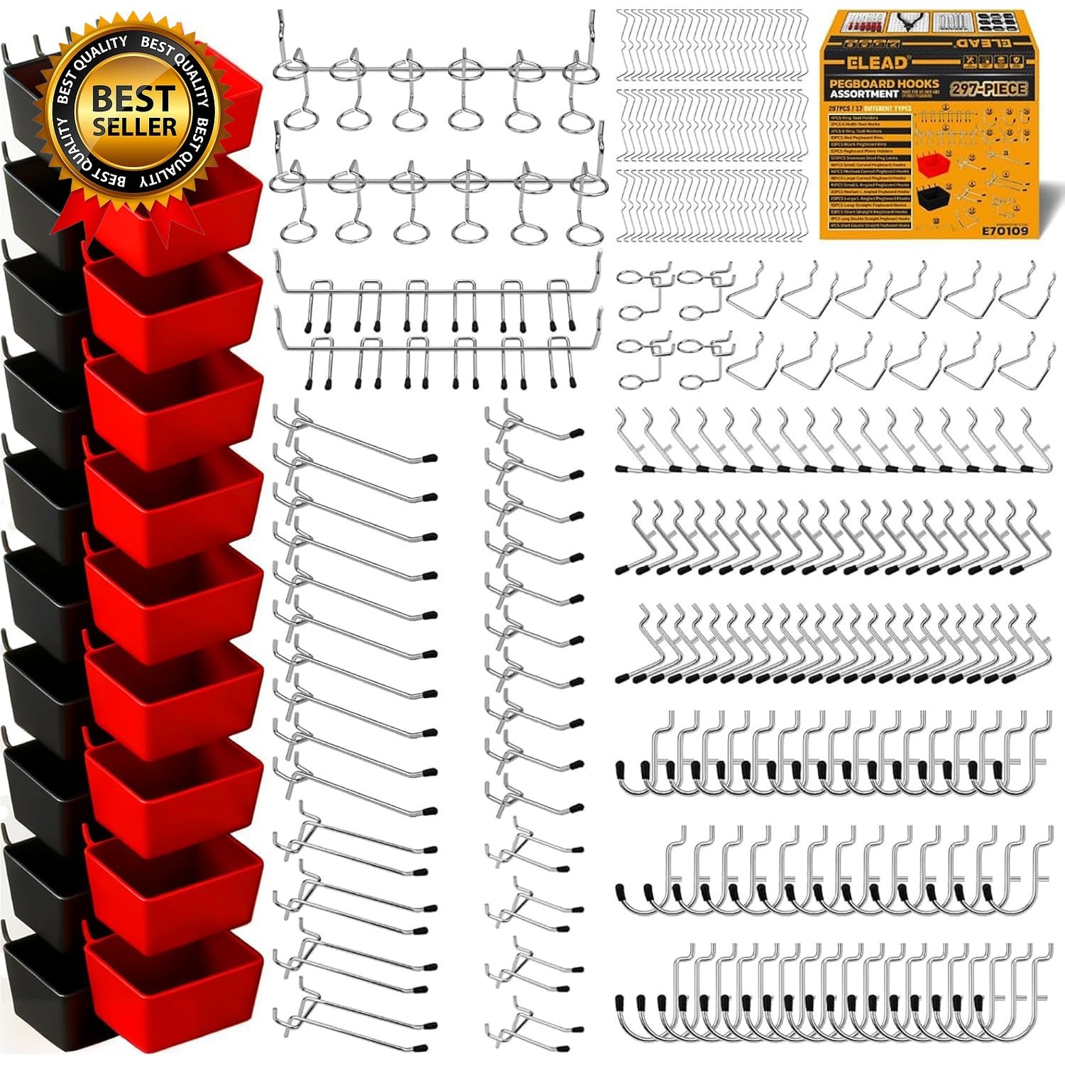 297 Piece Pegboard Hooks Kit, Peg Board Organizer Accessories with Bins for Orga