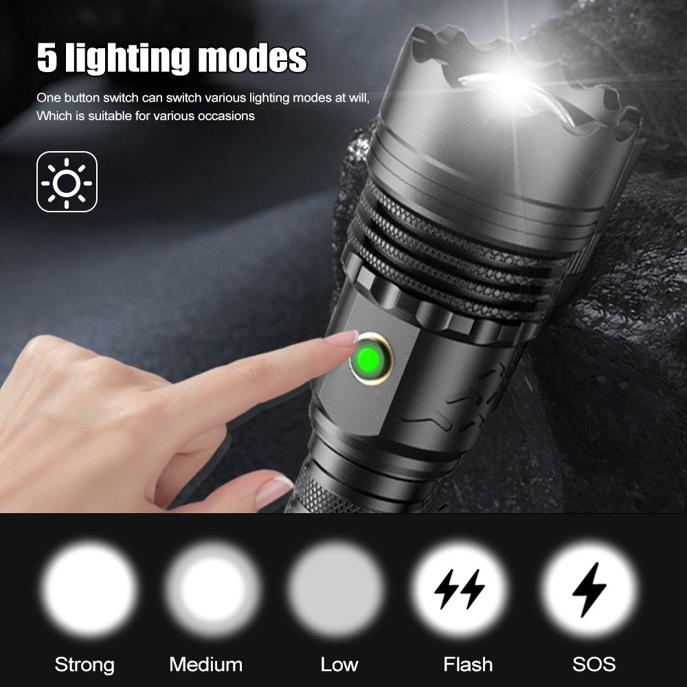 4-Core White Laser LED Flashlight 5 Modes – Rechargeable Waterproof Torch