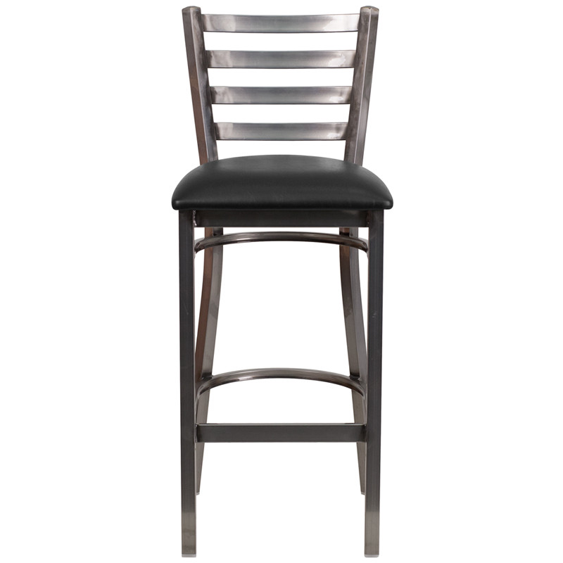 Clear Coated Ladder Back Metal Restaurant Barstool with Black Vinyl Seat
