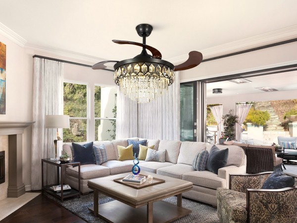 Luxury 42" Retractable Crystal Ceiling Fan Light w/ Remote, 6-Speed