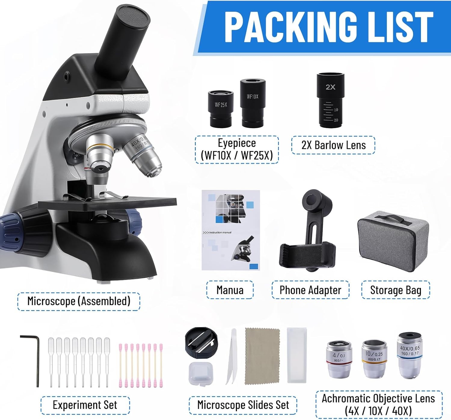 Professional Monocular Compound Microscope Kit 40-2000X Magnification