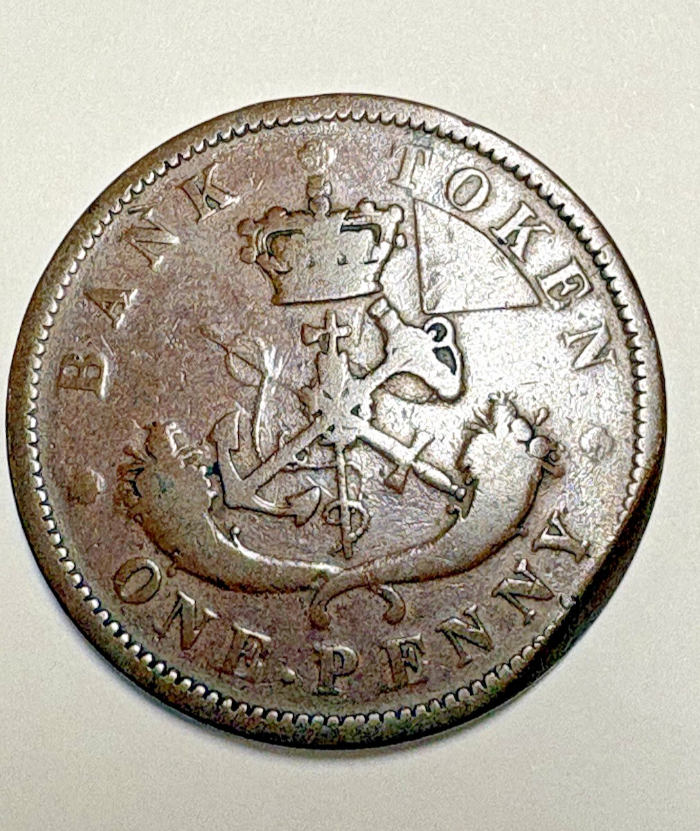 1854 Bank of Upper Canada Large One Penny Clip Error Coin