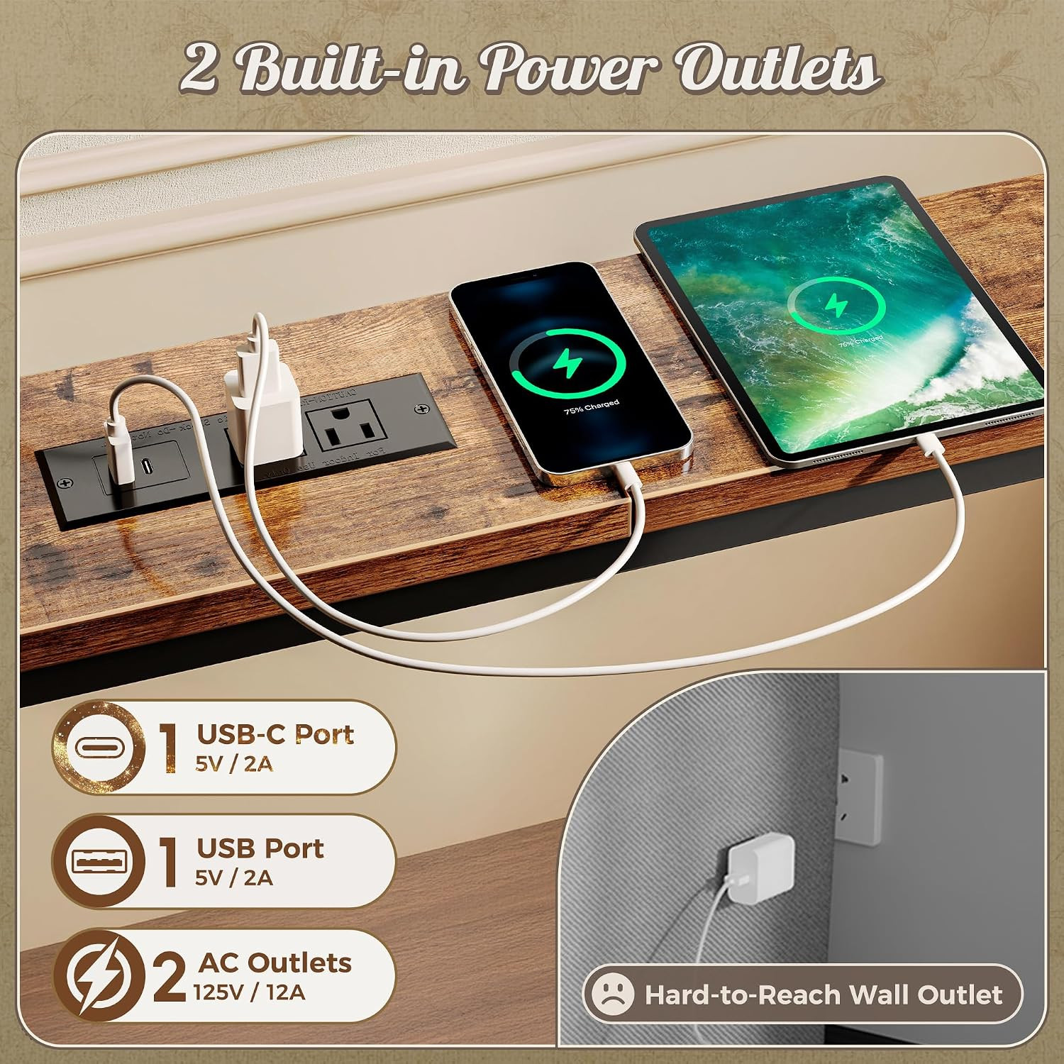 Narrow Console Table with Power Outlets & USB-C, Rustic Brown | 23.6"-35.4" Adju