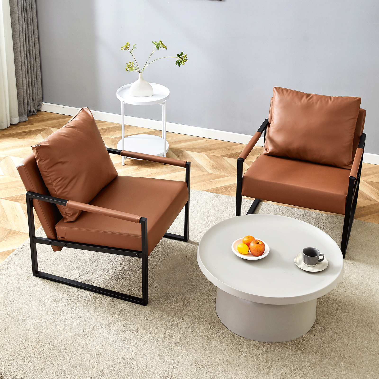 Set of 1 Classic Brown PU Leather and Metal Frame Sofa -Ergonomically designed,