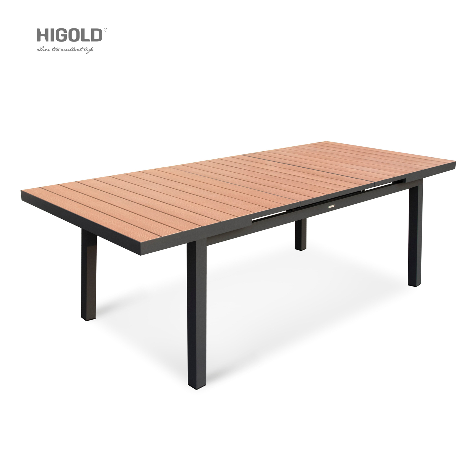 HIGOLD Carlo 8+1 pieces extendable Outdoor Dining set, Faux Wood Slats Tabletop
