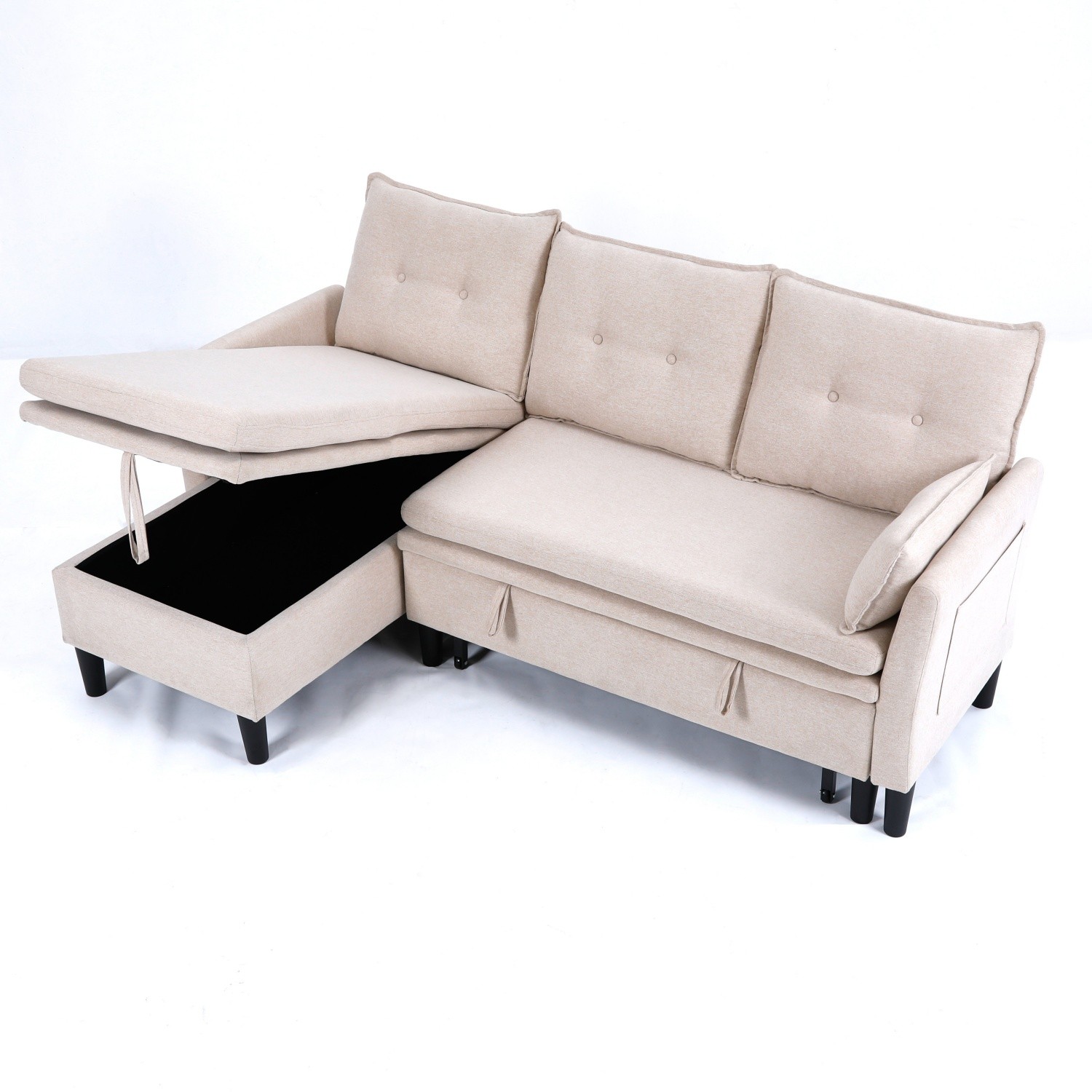 Modern L-Shaped Cotton-Linen Sectional Sleeper Sofa w/ Pull Out Bed & Storage