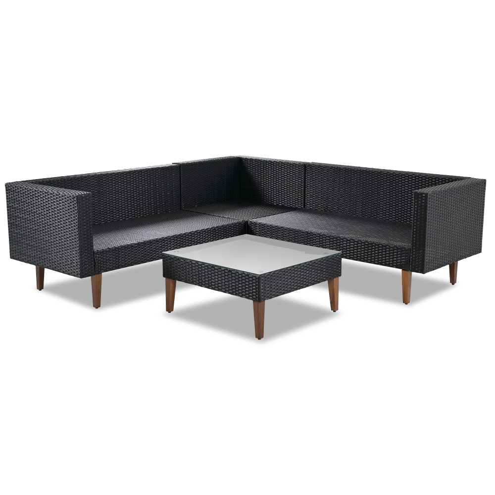 L Shaped Outdoor Wicker Sectional Sofa Conversation Set Patio Furniture w/Pillow