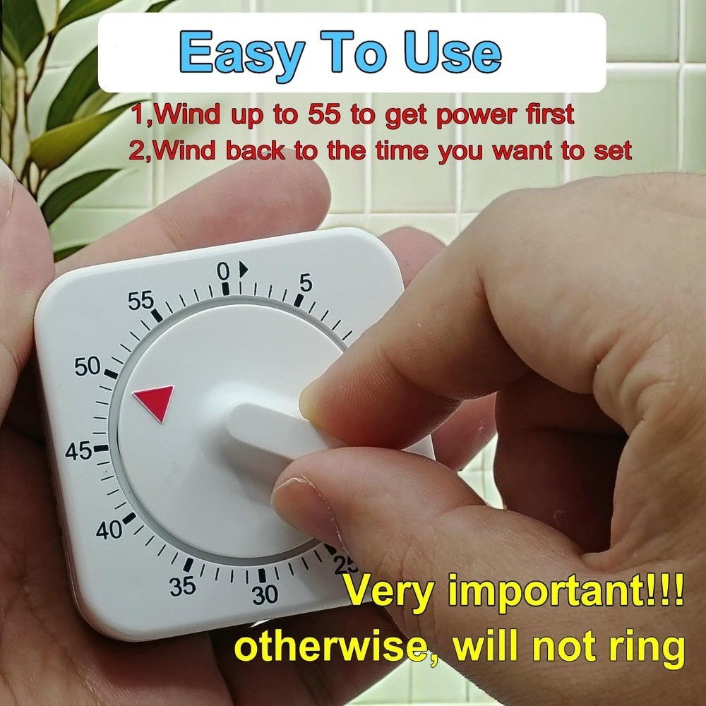 Square 60 Minute Mechanical Kitchen Timer - Visual Kitchen Cooking Timer Clock
