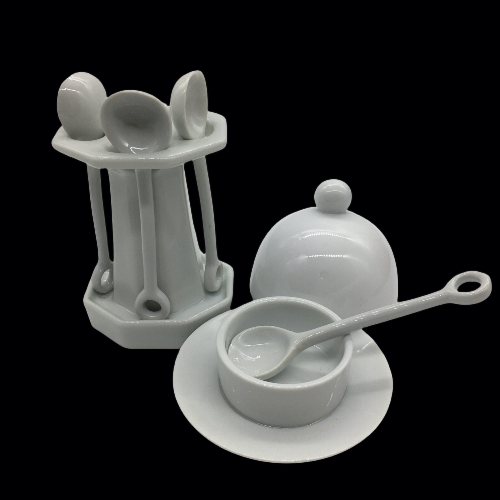White Essentials Condiment Covered Serving Dish Spoon Set Farmhouse Cottage Core