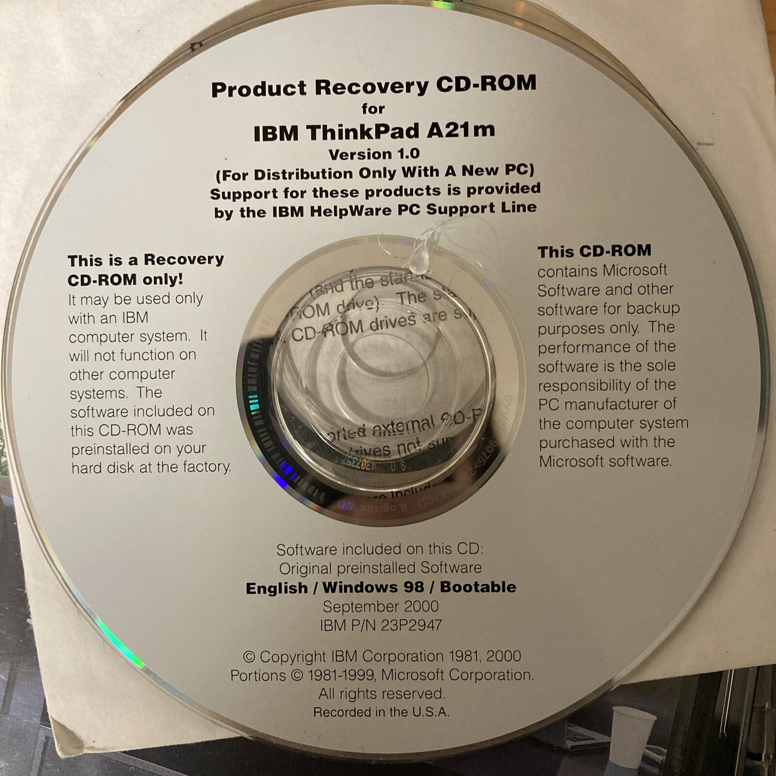 IBM Thinkpad Version 1.0 Software Selection And Product Recovery CDs Factory Reb
