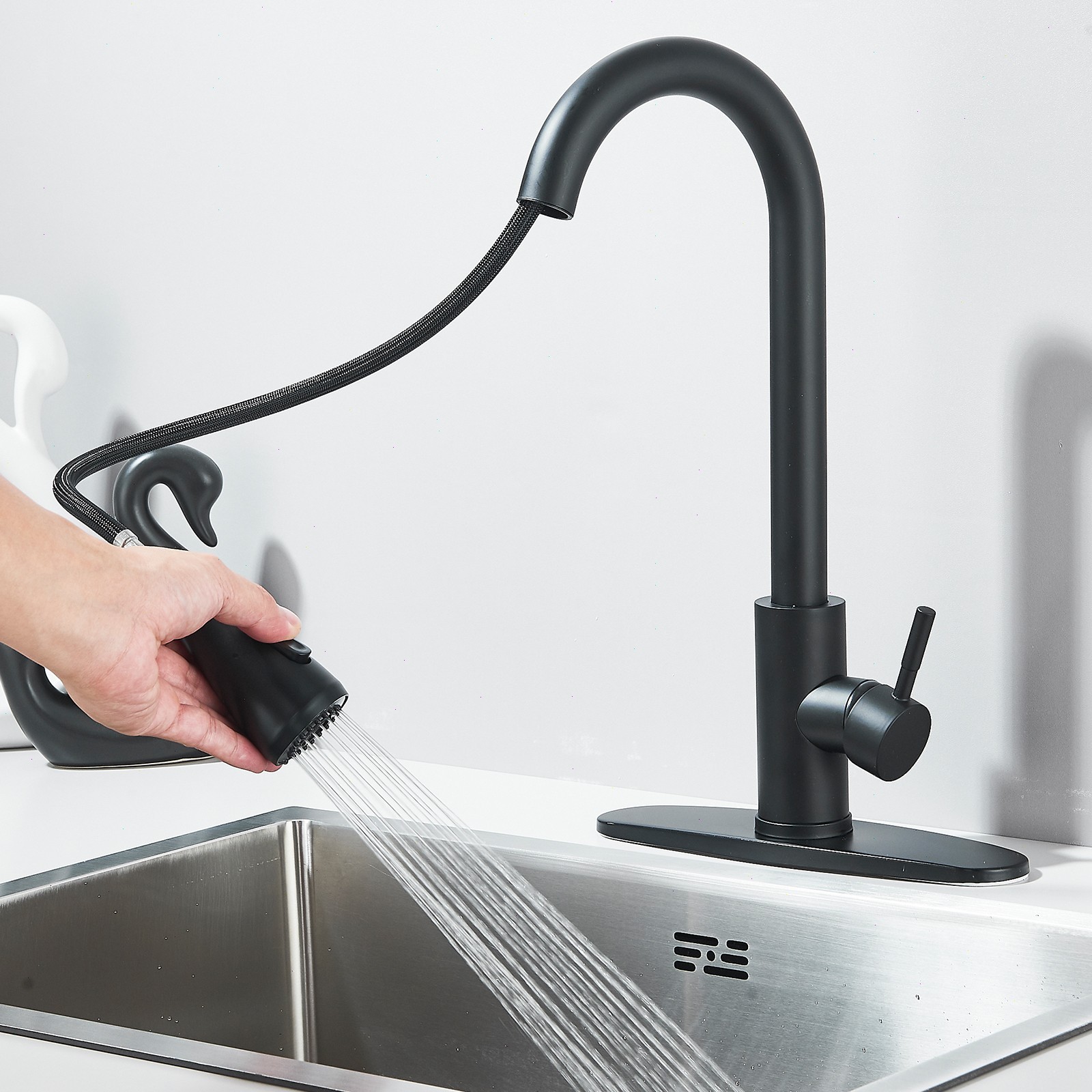 Black Kitchen Faucet with Soap Dispenser High Arc Pull Down Sprayer Sink Mixer