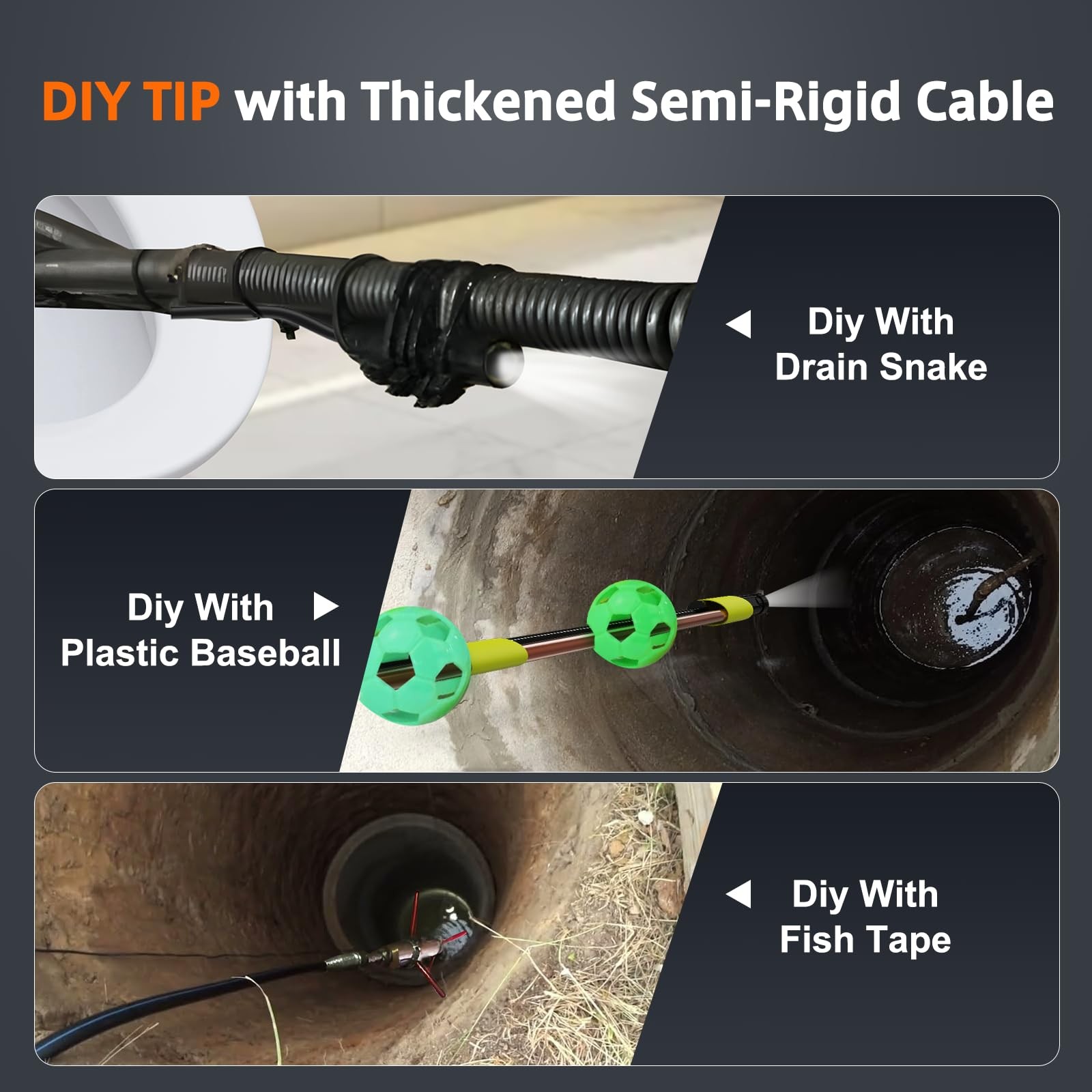 Triple Lens Inspection Drain Camera, 5 IPS Split Screen Borescope with Light & 3