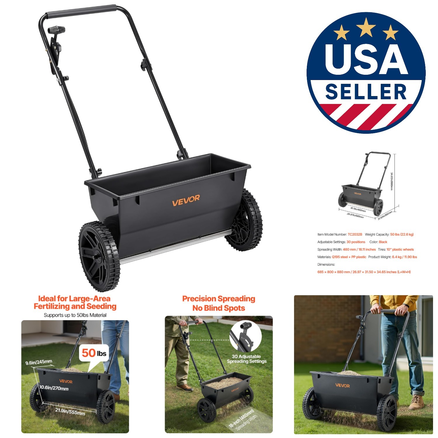 All-Terrain Drop Lawn Spreaders: 50lbs Capacity with 10in Pneumatic Tires