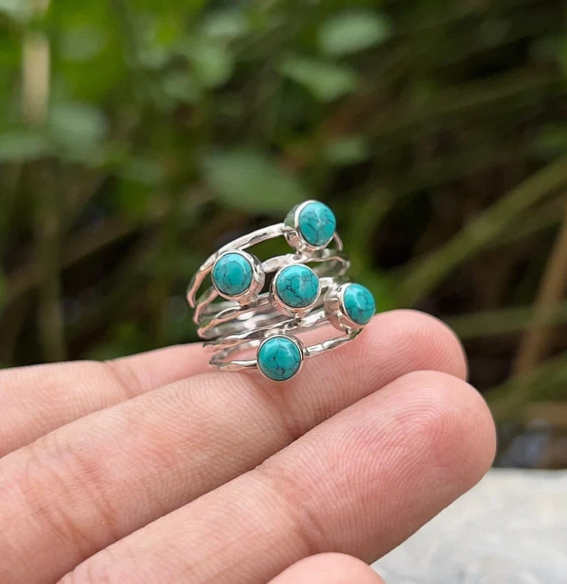 925 Sterling Silver, Turquoise Gemstone, Minimalist, Stack Ring, Births All Size