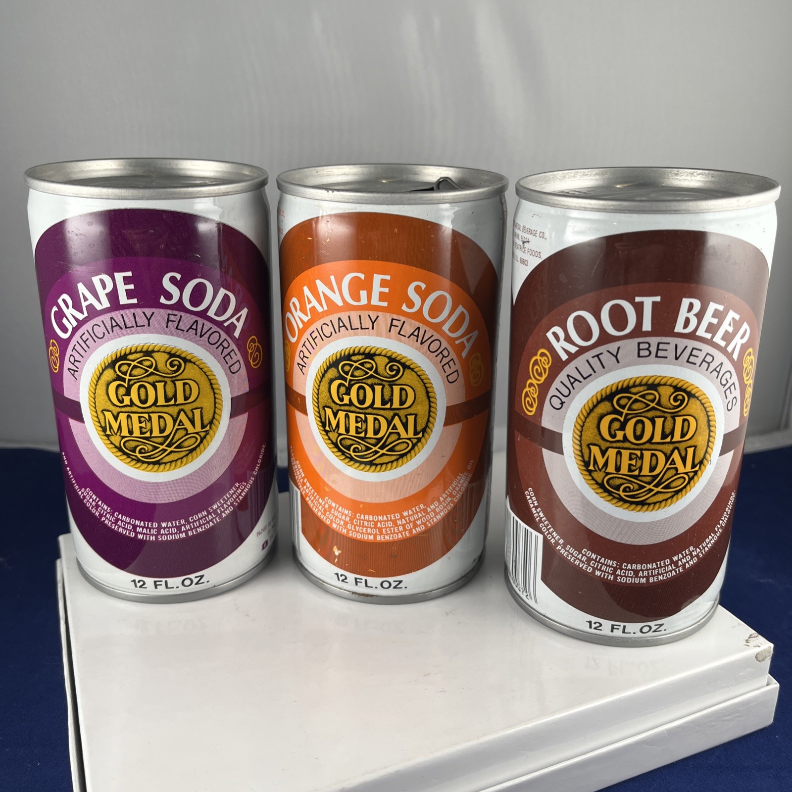 Gold Medal Steel Soda Pop Cans Grape Orange Root Beer Wide Seam Lot of 3 Cans