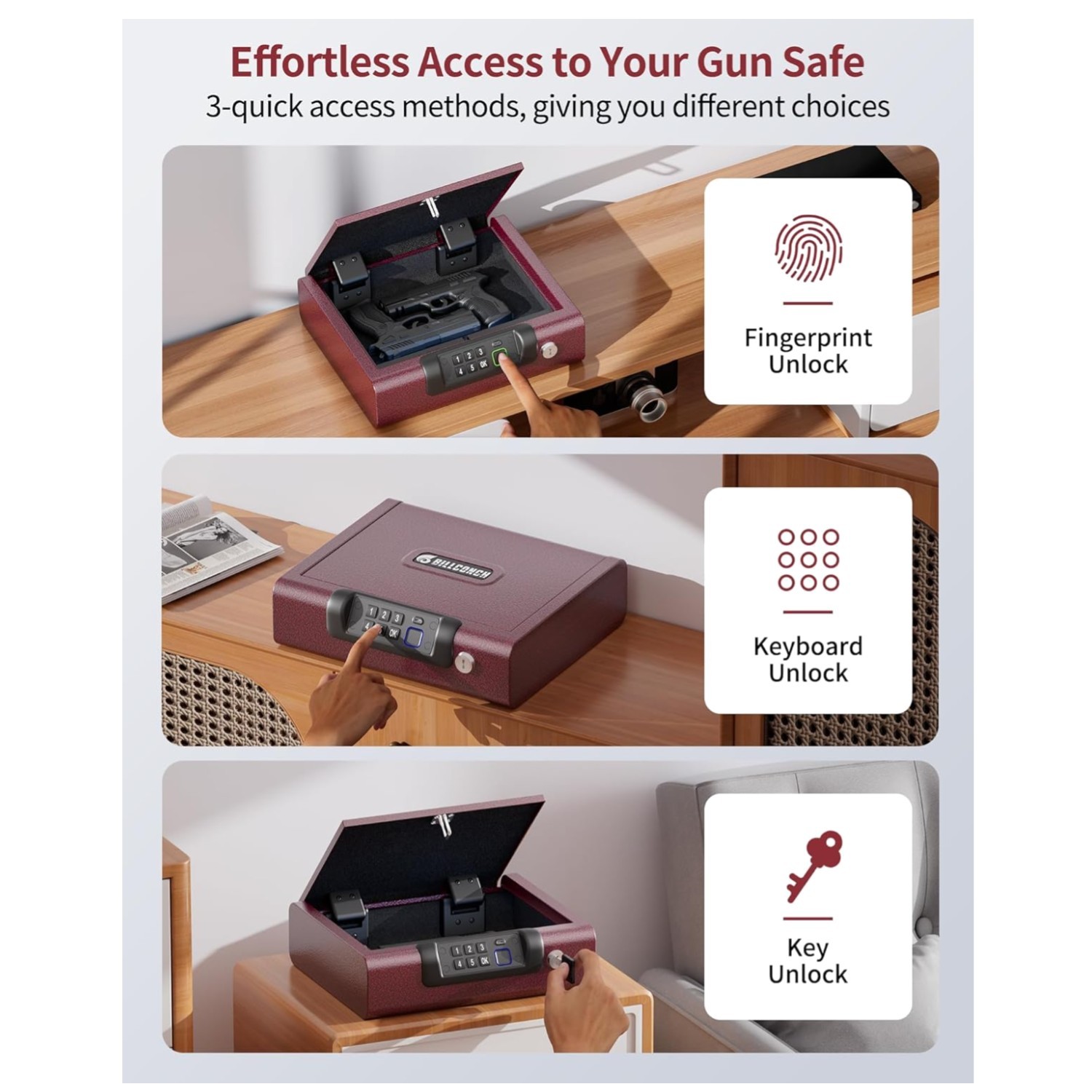 Portable Biometric Safe for Pistols - Burgundy
